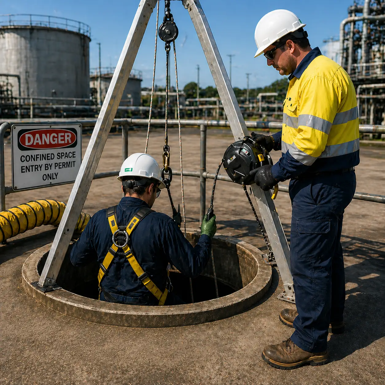 A worker in a harness entering a confined space under a tripod