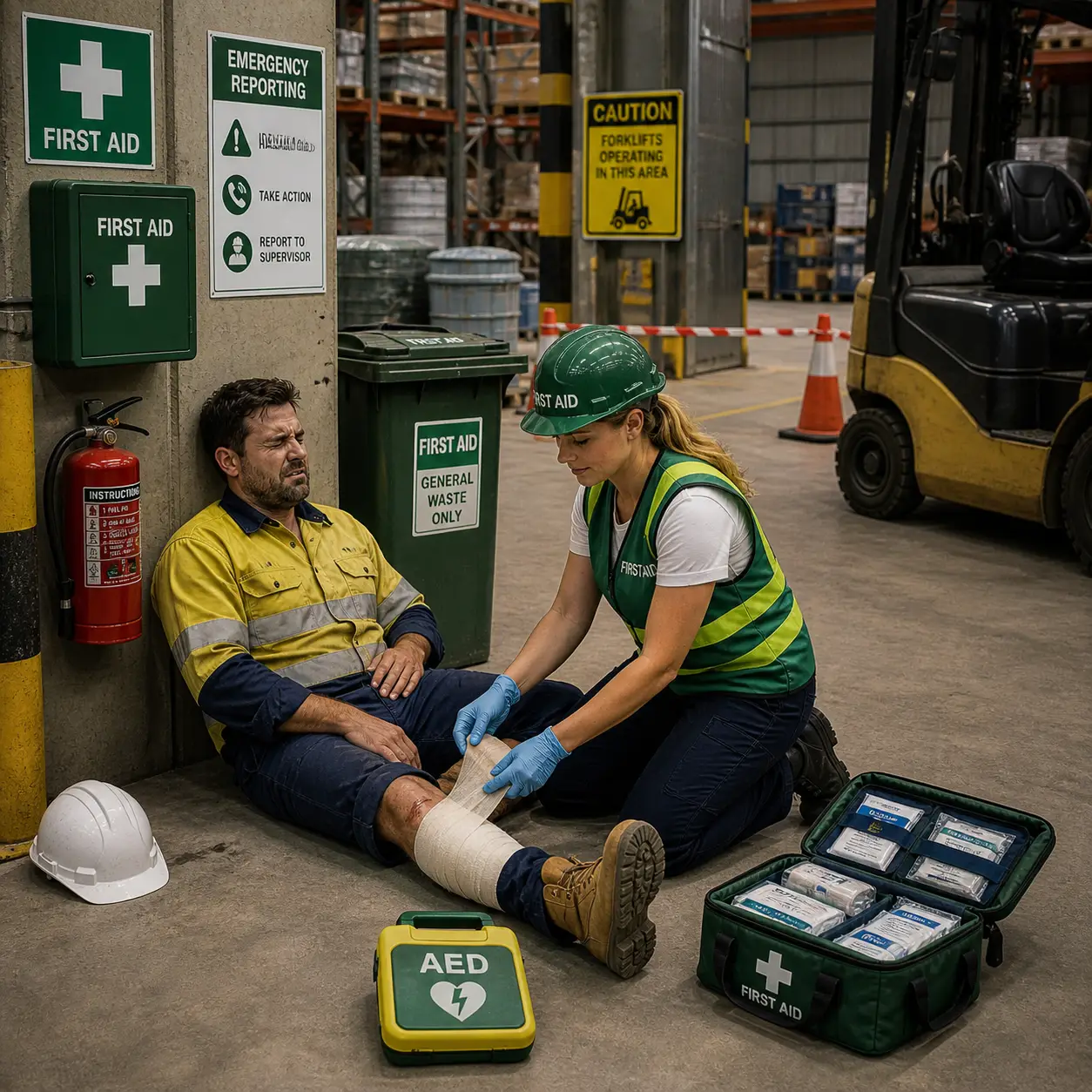A first aider treating a leg injury in a warehouse