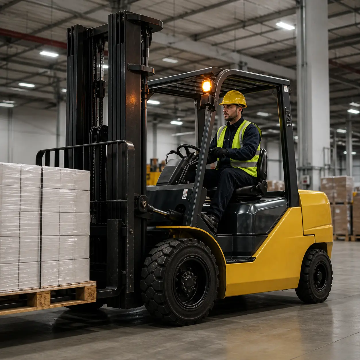 A forklift operator moving a pallet in a warehouse