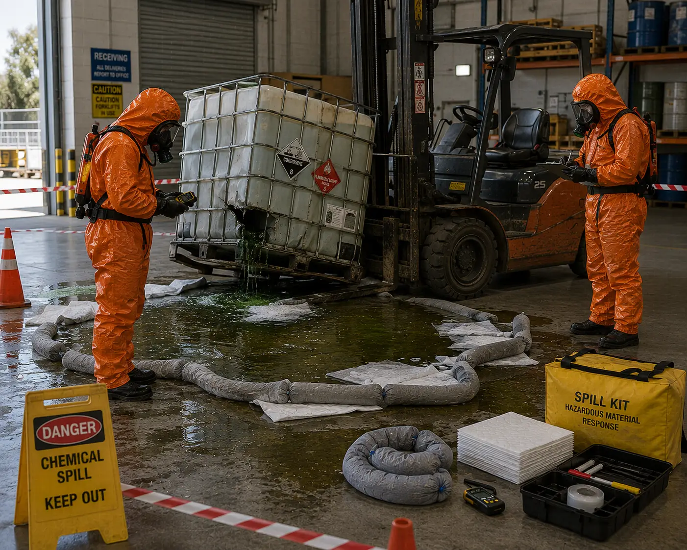 Responders in protective suits containing a chemical spill from a damaged container