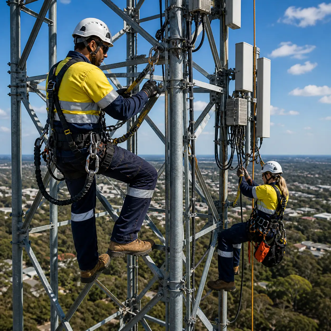 Workers in harnesses climbing a telecommunications tower
