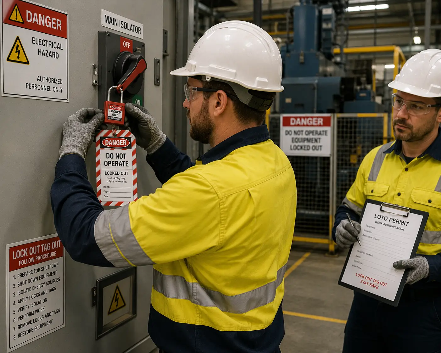 A worker applying a lockout tag to an isolator