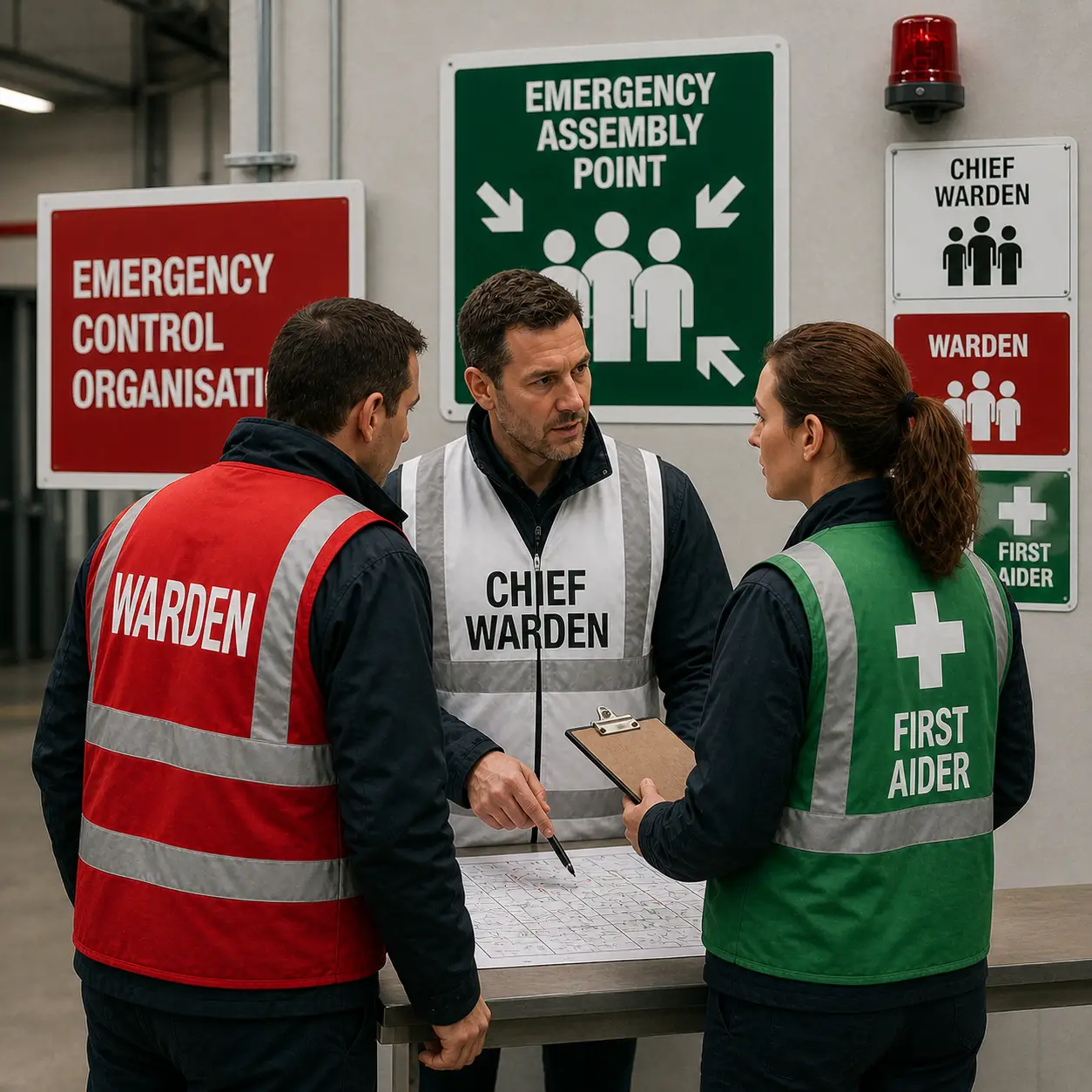 A chief warden, warden and first aider reviewing an emergency plan